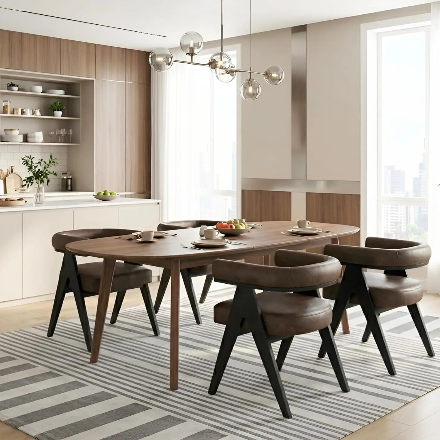 

Brown Leather Dining Chairs Set 4 Barrel Curved Back Black Wood Legs Farmhouse Kitchen Side Customized