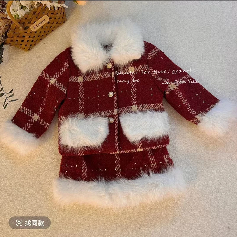 Autumn Winter Sets Thick Kids Clothes Childrens Princess 2Pcs Suit Fashion Baby Girls Warm Red Christmas Coat+Short Skirt Elegan