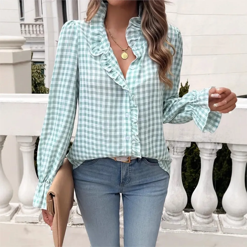 Champignon bord col montant Plaid à manches longues chemise femmes printemps automne décontracté ample simple boutonnage femme polyvalent chemise hauts