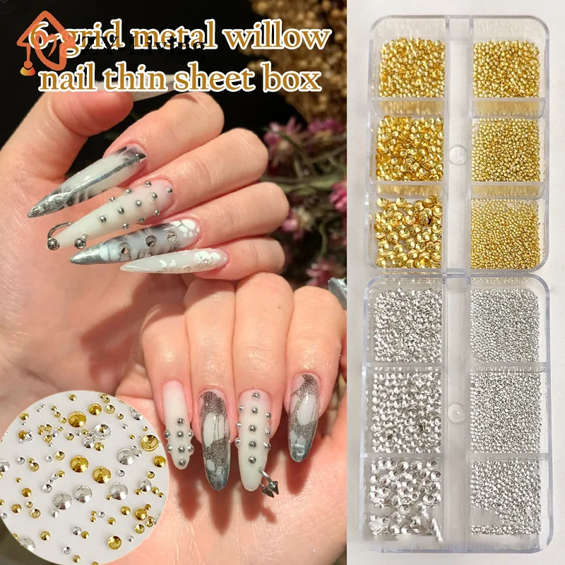 6 Grid/box Gold Silver Half Round Rivets Nail Charms 0.8-3mm Flat Back Round Metal Nail Bead Micro Ball Manicure Bead