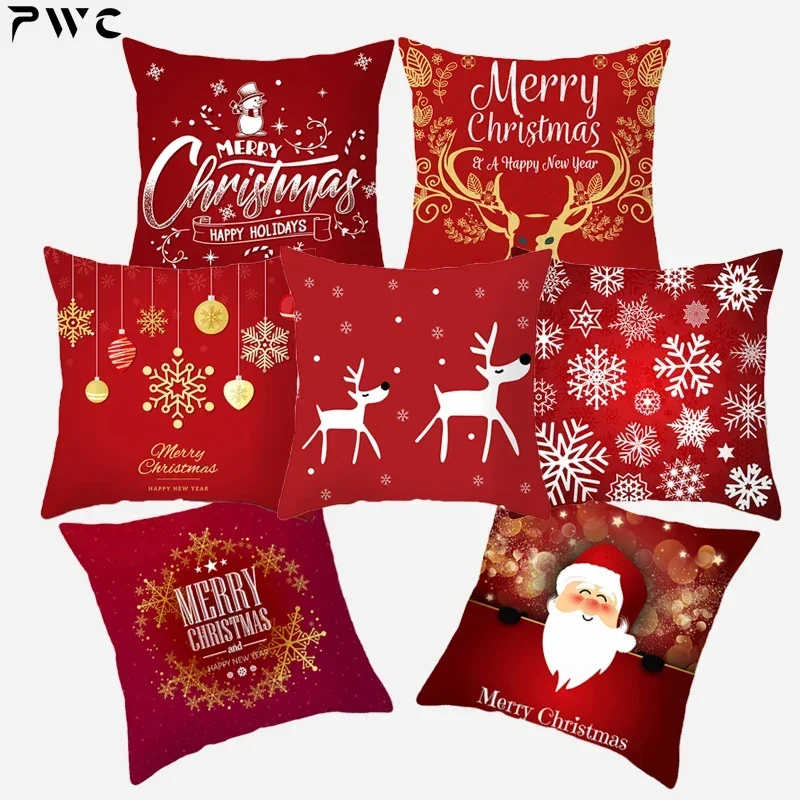 

Christmas Cushion Cover 45*45 Red Merry Christmas Printed Polyester Decorative Pillows Sofa Home Decoration Pillowcase