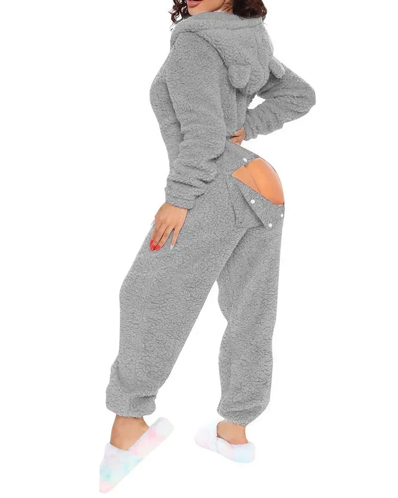 2024 Women Winter Warm Onesies Fleece Romper Pajamas Solid Open Gear Long-Sleeve Zipper V Neck Hooded Sleepwear Sexy Homewear