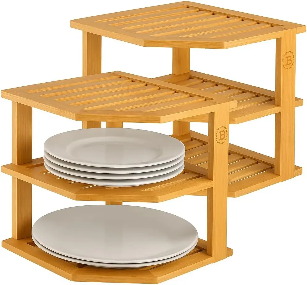 

2-Pack Plate Organizer For Cabinet - Bamboo Corner Shelf For Kitchen Or Bathroom Storage, Space-Saving Rack For Dishes, Countert