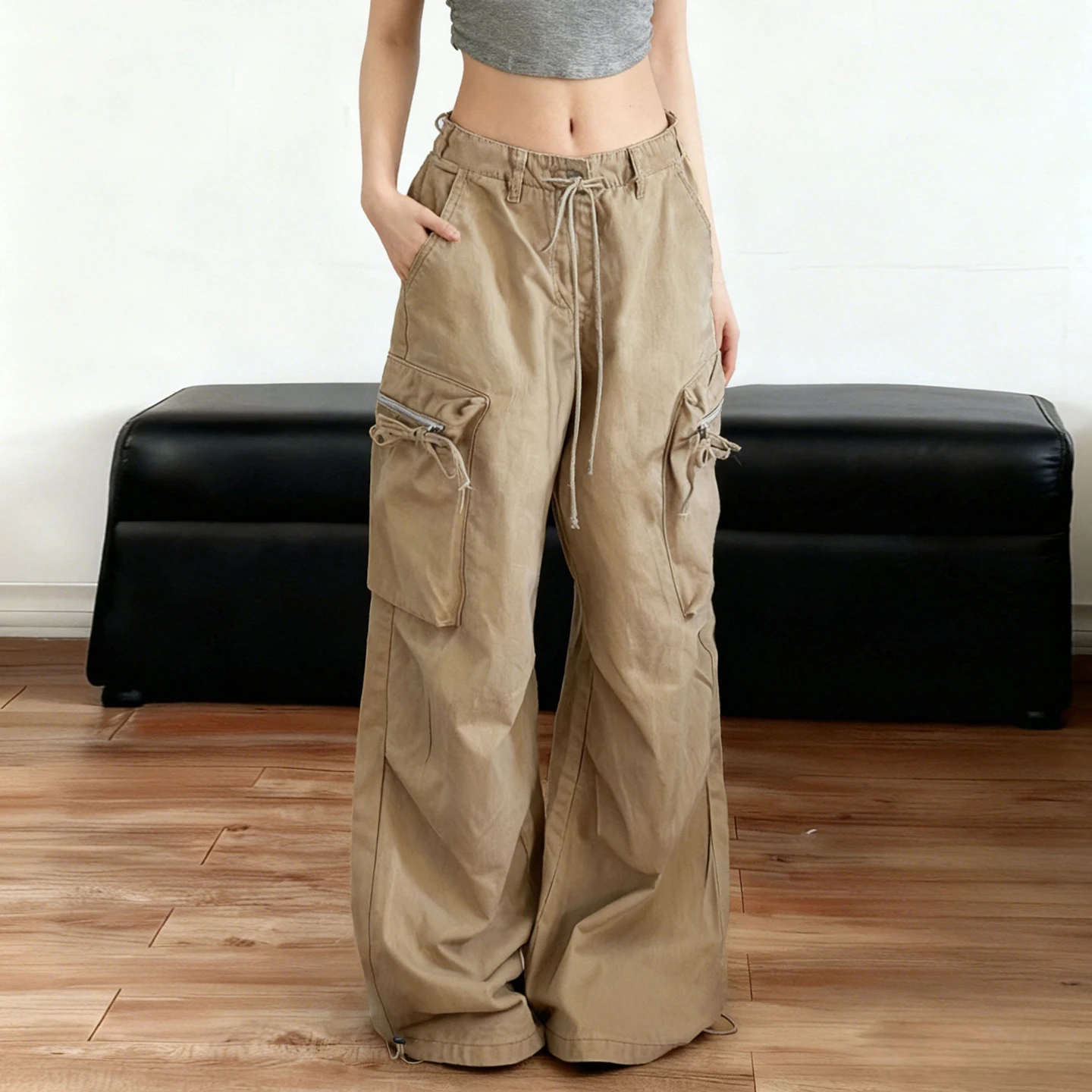 

SUCHCUTE Y2K Women Multi Pocket Cargo Pants Drawstring Low Waist Wide Leg Flare Trousers Vintage Streetwear Loose Casual Pants
