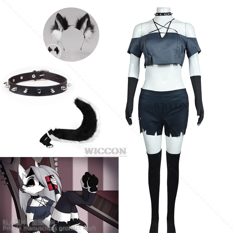 

Loona Cosplay Costume Clothes Uniform Cosplay Hazbin Cosplay Furry Roleplaying Hotel Felhunter Wolf Tail Headdress Headwear Cos