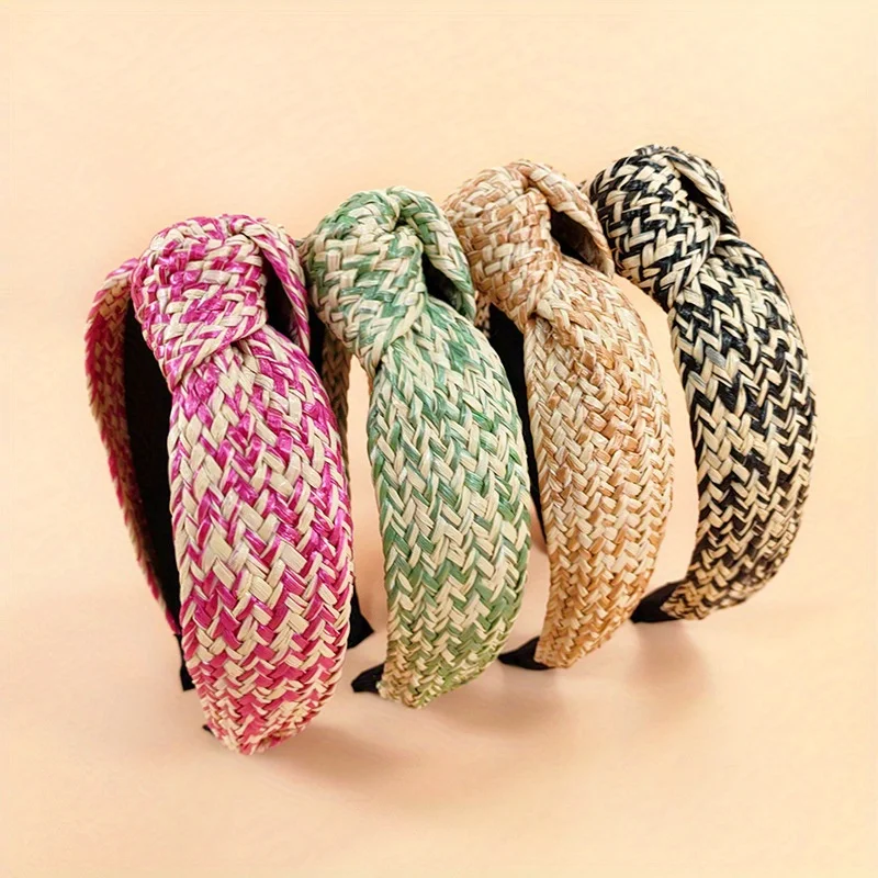 

French Raffia Braided Headband cross Bohemian Knotted Design with Fashion Print Vacation Style Hair Accessory for Women