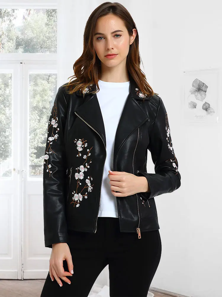 Giolshon Autumn Flowers Embroidery PU Leather Jacket Women Slim Turn-Down Collar Outerwear Zipper Moto Biker Coats Tops Clothes