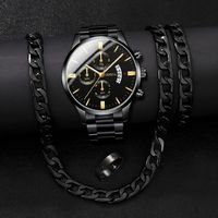 4PCS/set Fashion Men Stainless Steel Watch Luxury Calendar Quartz Wrist Watch Mens Watches for Man Bracelet Necklace ring set