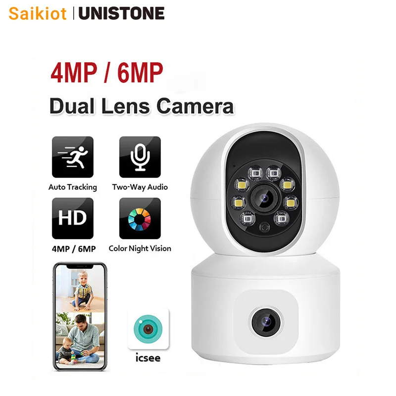 Saikiot 4MP 6MP ICSEE Dual Lens WIFI Baby Monitor Camera Home CCTV Security Auto Tracking Camera ICSEE Indoor WIFI PTZ Camera