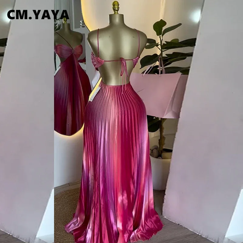 CM.YAYA 2025 Elegant Sleeveless Sweet Strapless Gradient Floor-Length Long Women Dress Beach Party Evening Sexy Pleated Dresses