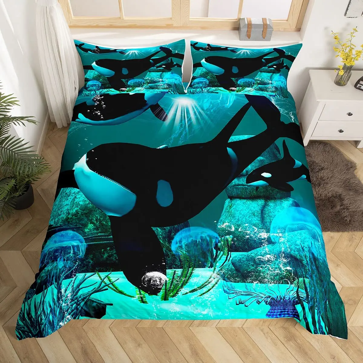 Whales King Queen Duvet Cover Ocean Animal Bedding Set Seaweed Starfish Marine Life Quilt Cover Blue Polyester Comforter Cover