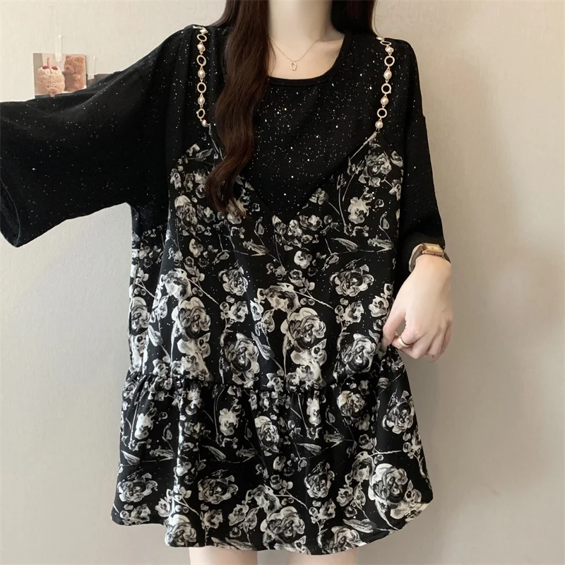 

Women short sleeve O-neck chain glitter Fake two-piece Elegant Chic French Plus Size Clothing women clothing