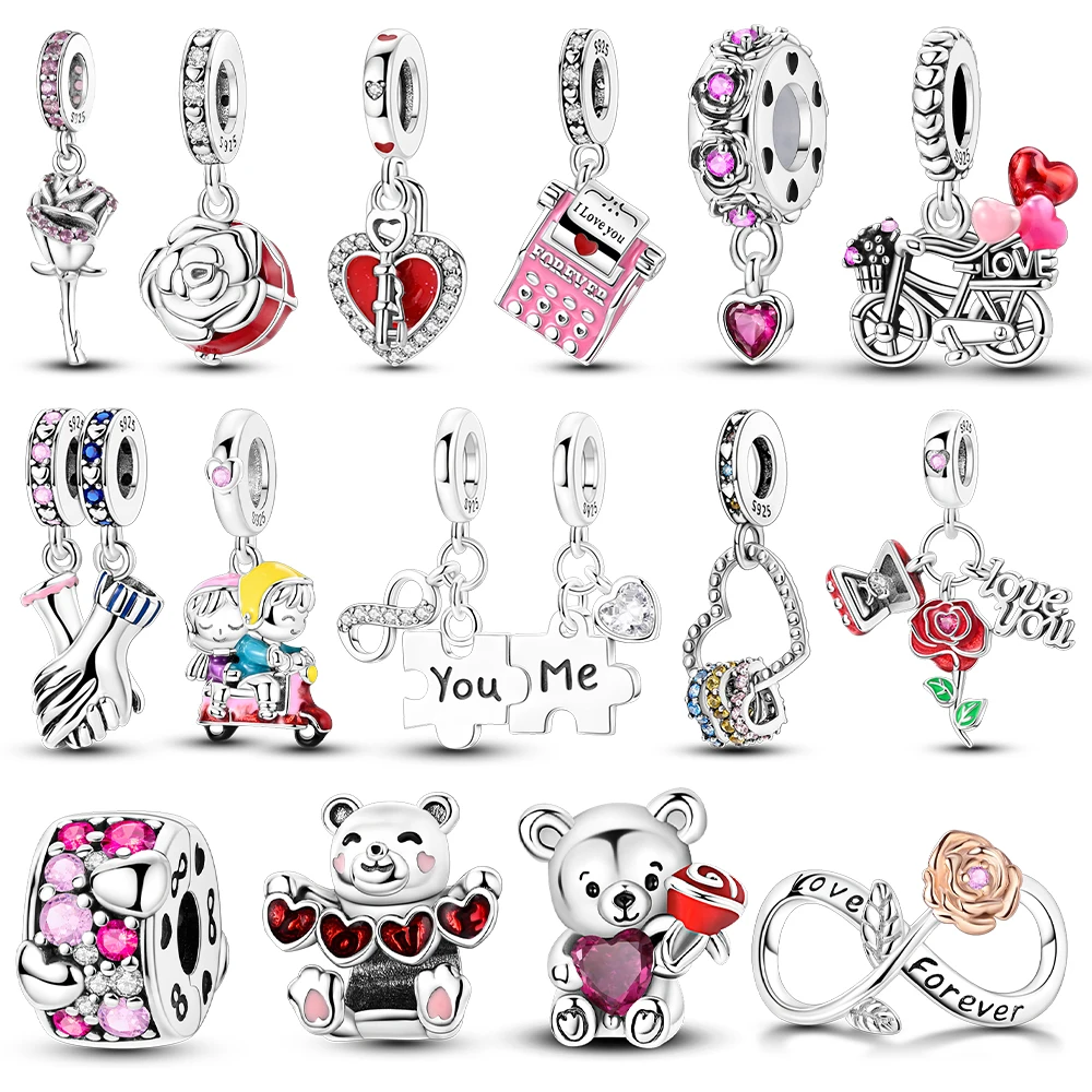 

Original Silver Plated Newest Valentine's Day Charms Rose Heart Beads Fit Bracelet Necklace Pendants Making Jewelry Women Gift