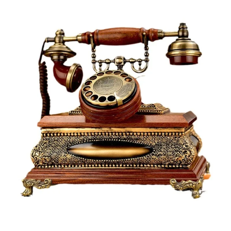 Villa Style Solid Wood Retro Telephone Home Landline Turntable Old-fashioned Wired Telephone Mechanical Ringtone