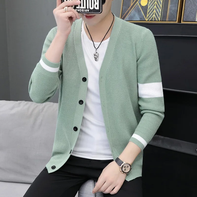 2024 Autumn Knitted Cardigan for Men Color Blocking Striped V Neck Single Breasted Buckle Sweaters Casual Knitwears Coats Tops