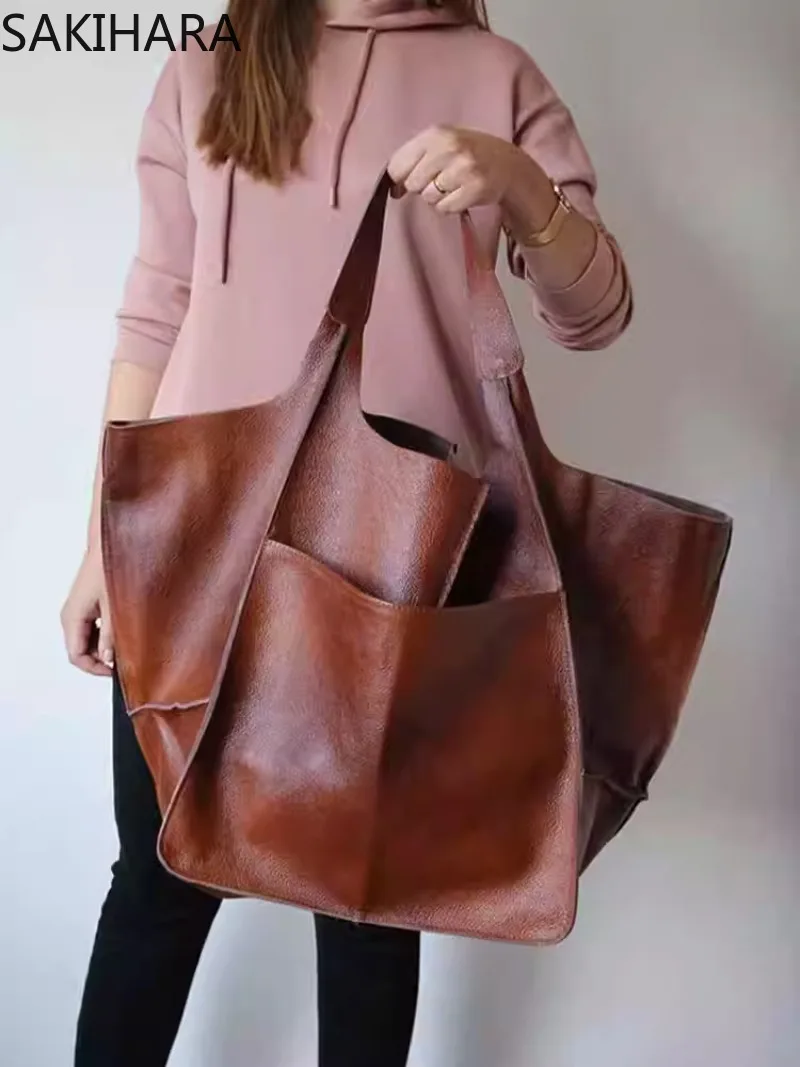 

Tote Bags for Women Large Capacity New Arrive Vintage PU Leather Korean Fashion Casual Elegant Temperament Bolsos Para Mujer