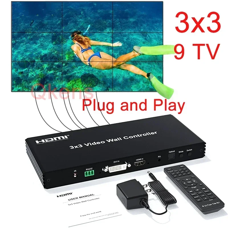 Controlador de pared de vídeo 3x3 DVI HDMI 1080P 2x2 2x3 2x4 1x3 1x4 1x5 procesador de empalme multipantalla empalmador de TV empalmador de pared de vídeo