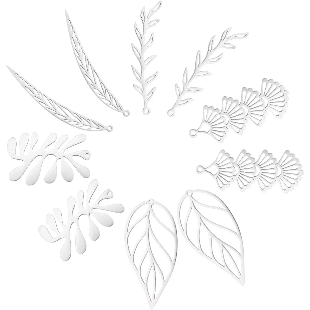 

10Pcs 5 Style Tree Leaves Themed Pendant Charms Stainless Steel Pendants Fan Shaped Leaf Charm Metal Pendants Hole 1.4/1.6mm