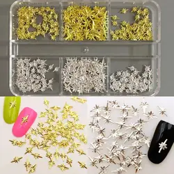6 Grid Gold Silver Cross Star Mini Alloy Jewelry Accessories Parts Golden Star Moon Starfish Nail Art Decoration Charms Gems