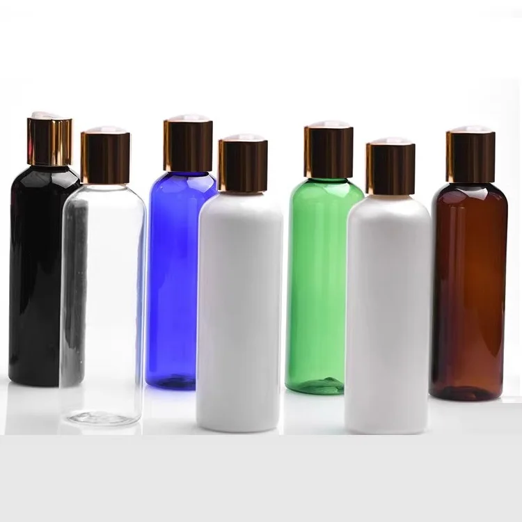 30 peças garrafa recarregável de plástico pet tampa de disco de ouro brilhante 200ml transparente branco azul marrom preto embalagem cosmética garrafas de toner vazias