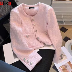 Pink Elegant O-neck Tweed Cropped Jackets Women Casual Chic Single Breasted Short Coats Tops Korean Long Sleeve Vintage Abrigos