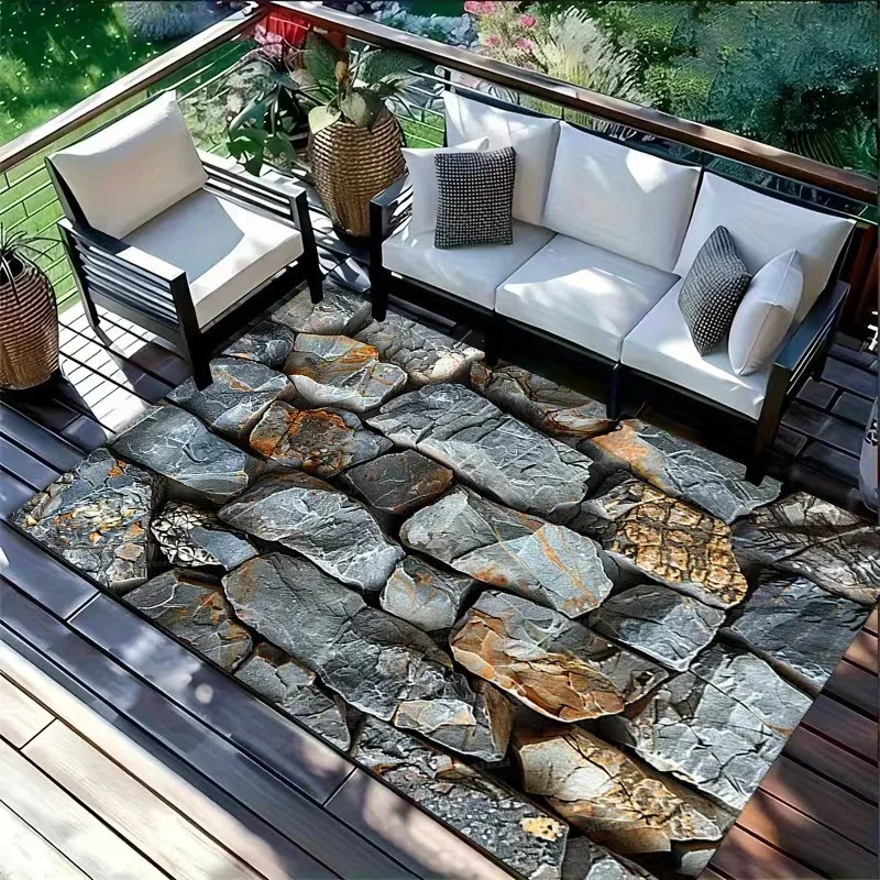 2D Stone Print Area Rug Non-slip Floor Mat for Patio Balcony Rustic Rock Style Living Room Carpet for Indoor Outdoor Home Decor