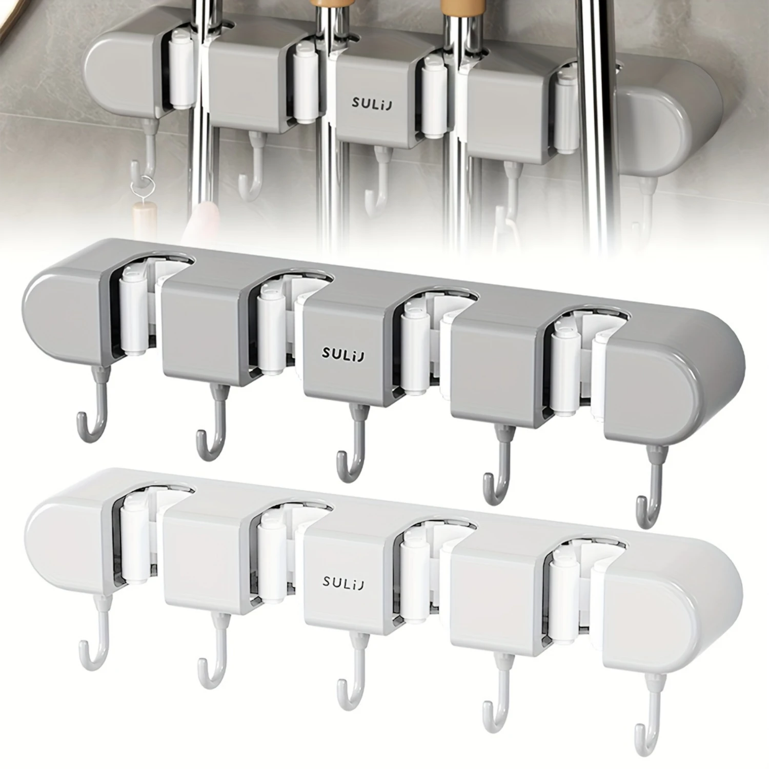 

Broom Mop Holder with Wall Mounted Broom Rack No Drilling Self-Adhesive Mop Broom Organizer Mop Holder Hanger for Bathroom Off
