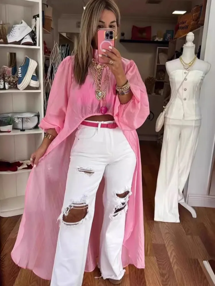 

Fashion Hollow Out O Neck Women's Shirts 2025 New Solid Thin Transparent Long Pullovers Leisure Lantern Sleeved Irregular Tops
