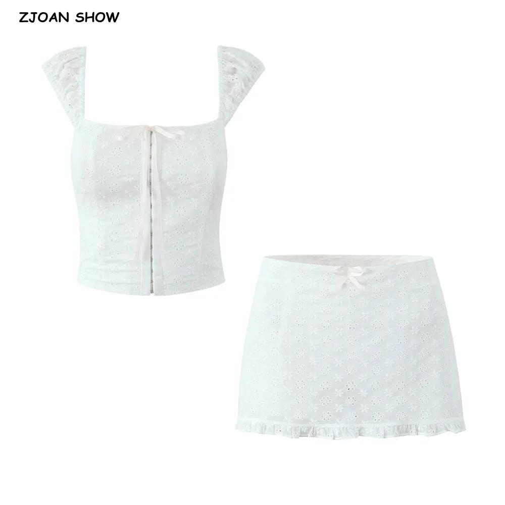 

2025 Sexy White Embroidery Hollow Out Lace Tank Top + Women Bow Side Zipper Waist Package Hips A-line Mini Skirt 2 Pieces Set