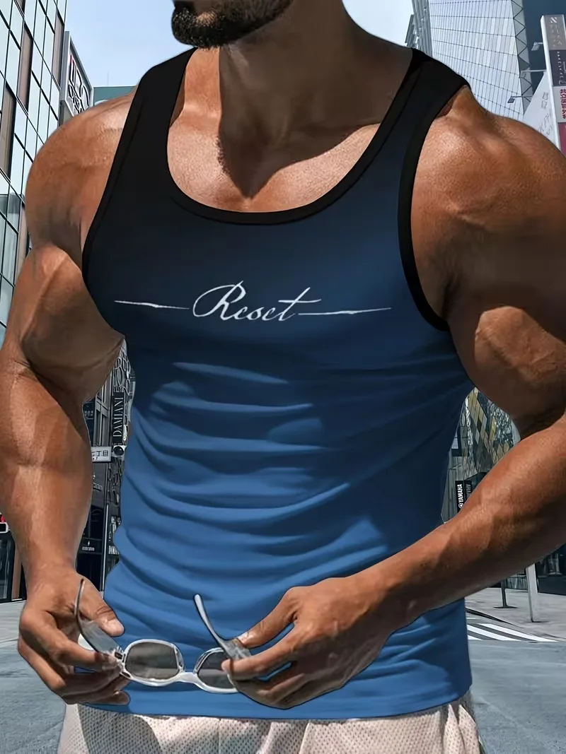 Fashion gradient color Print Graphic Men Round Neck Quick Drying Fitness Running Tank Top Leisure Breathable Outdoor Sports Vest