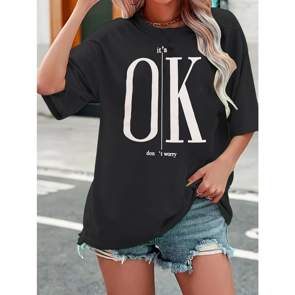 Motivational Fashion Statement T-Shirt It's OK Black with White Letter Print Round Neck Casual Elegant Top Minimalistic Design