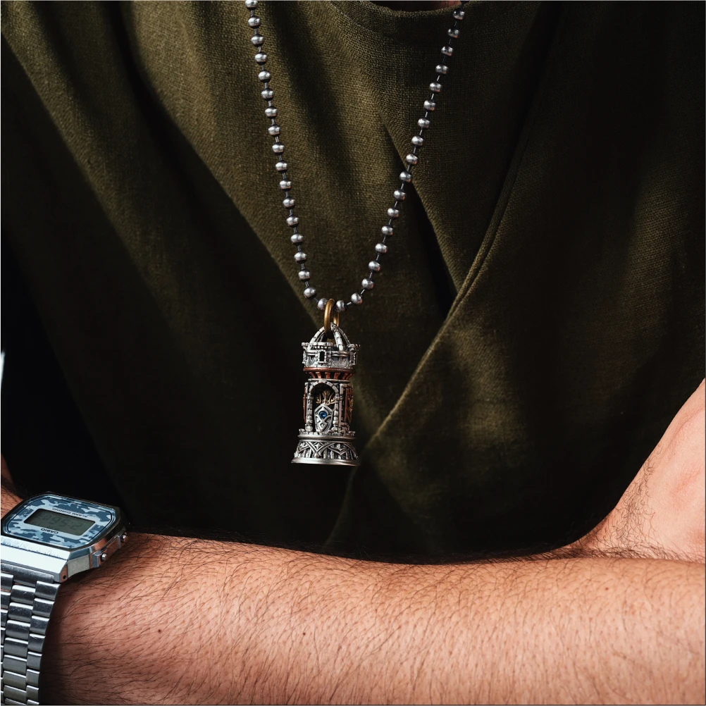 COPPERTIST.WU Turning Keep Pendant Necklace, Medieval Fortress Knight Jewelry for Men Women,Brass&Copper&White Bronze