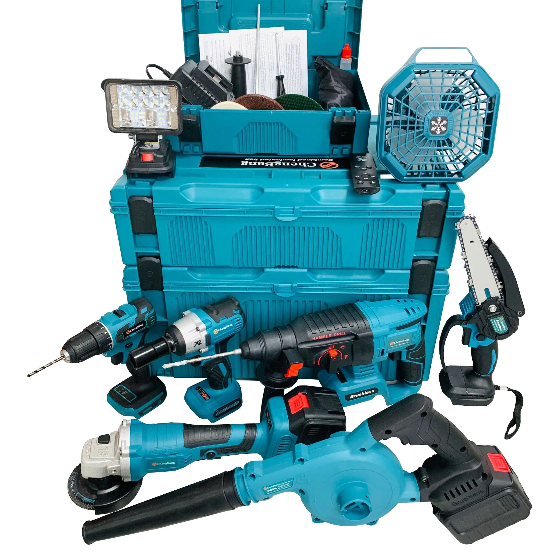 

8pcs Cordless Power Tools Lithium Electric Fan Brushless Angle Grinder Hammer Drill Chain Saw Blower Wrench Combination Tool Set