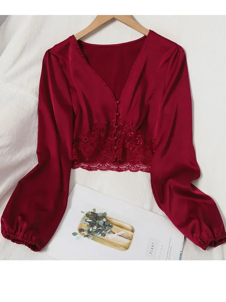 Autumn Spring Blouse V-neck Button-breasted Lantern Sleeve Satin Short Shirt Female  Splicing Lace Solid Color Tops GX1157