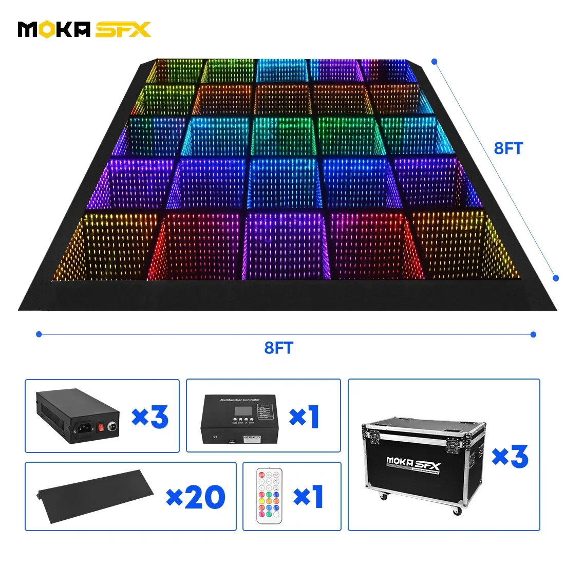 MOKA Wireless Led Dance Floor Magnetic Mirror Dance Floor Tile Panel Tempered Glass for Nightclub Stage Booths 25PCS 8X8FT