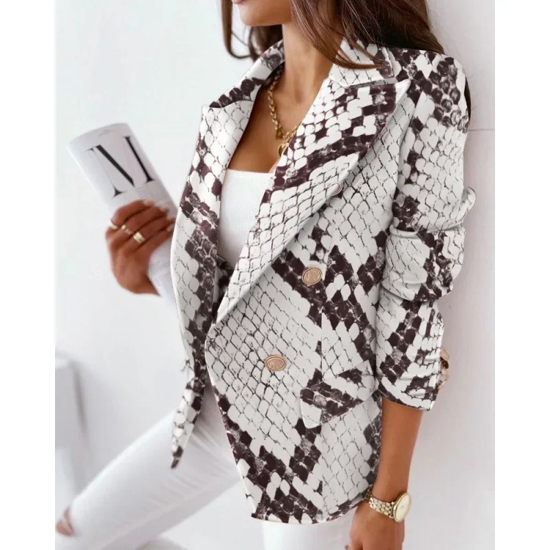 Women Office Lady Long-sleeved Double-breasted Fashion Printed Blazer Jacket Coat