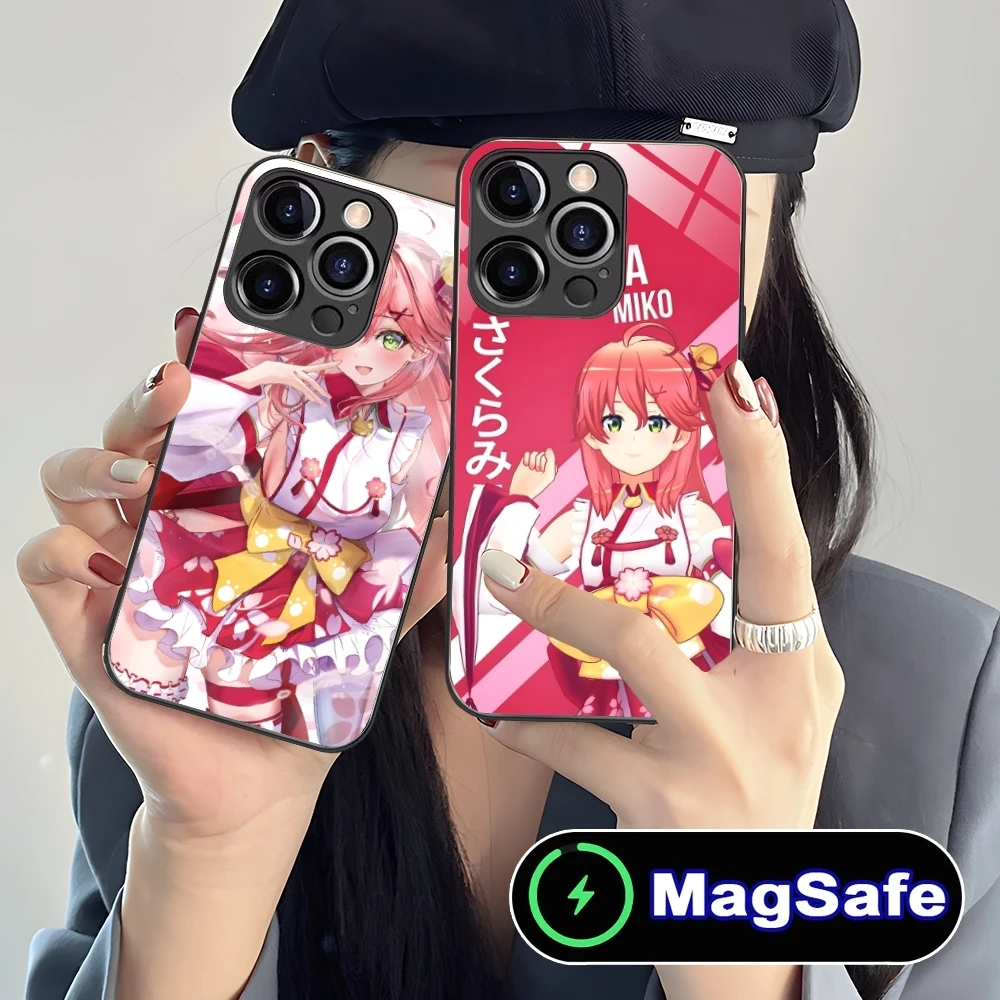 Holo Anime Sakura Miko Mobile Phone Case for iPhone 16 15 14 13 12 11 Pro Max Plus Mini MagSafe Wireless Charging Glass Cover