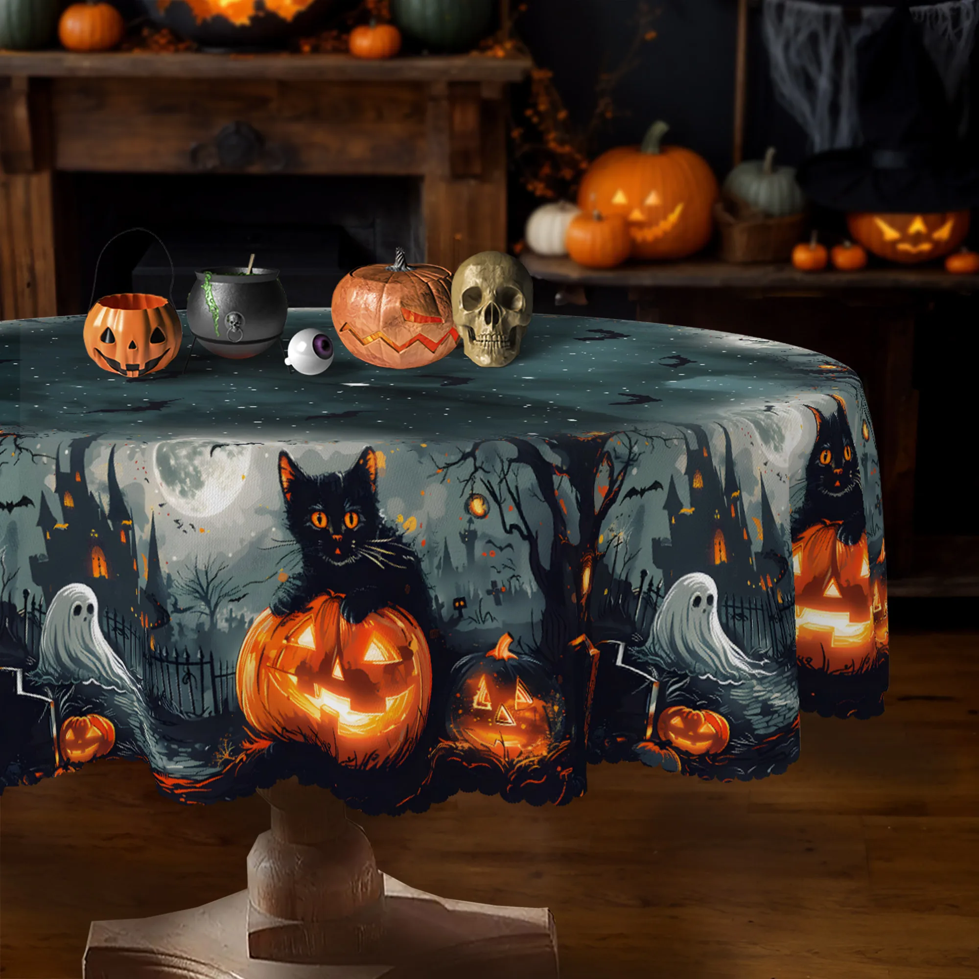 Happy Halloween tablecloth, featuring a retro black cat, pumpkin, ghost, castle, bat and moon design.zyc
