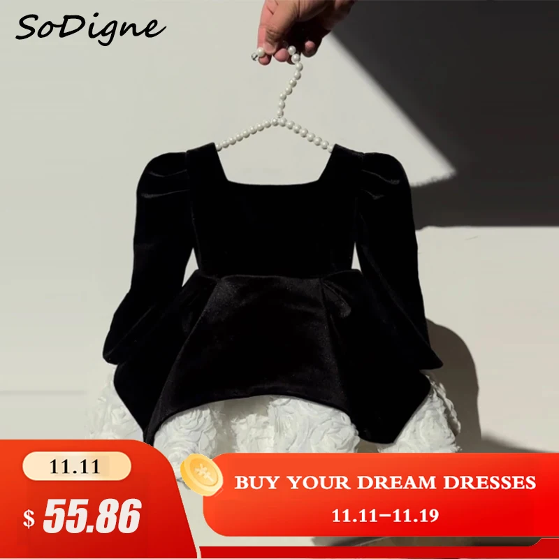 

SoDigne A-line Velvet Flower Girl Dress Square Collar Full Sleeves Short Skirt Girls Party Dresses Princess Kid Gown Customized