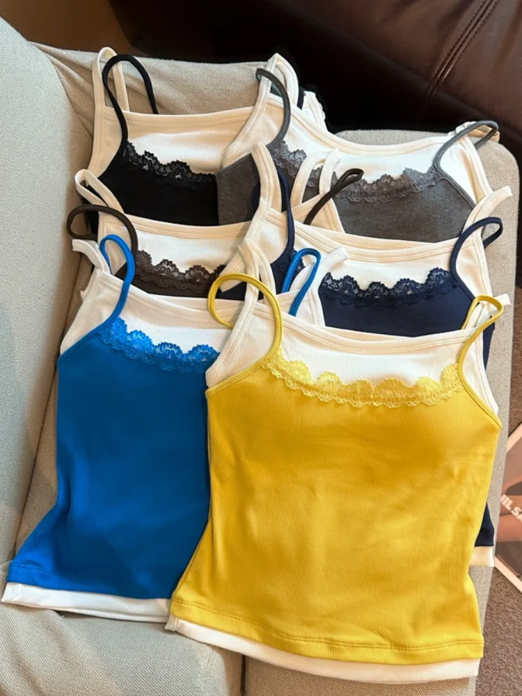 

Spring Summer New Style Lace Color Block Strapless Crop Top Women's Pure Desire Sexy Sleeveless Shirt with Chest Pad City Walk
