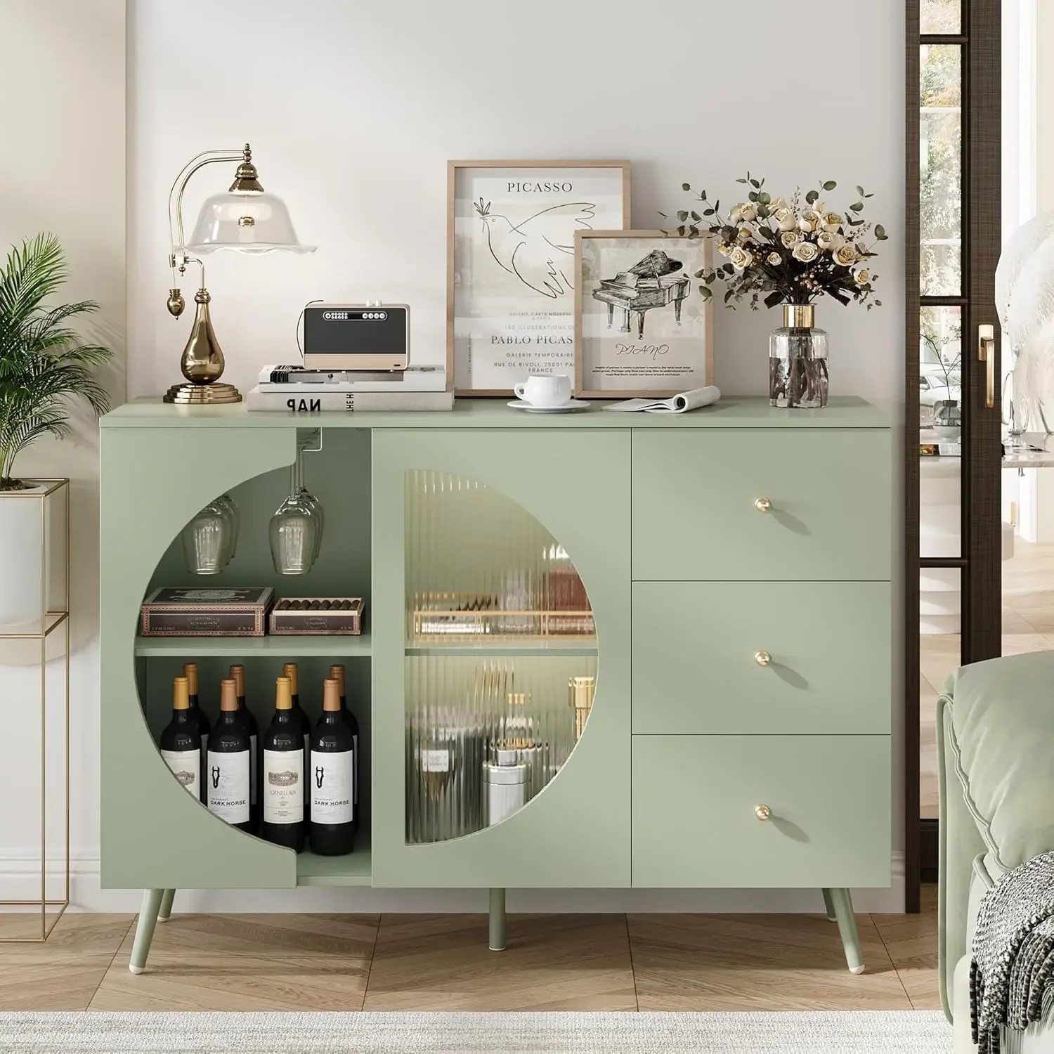 Coffee Bar Cabinet with Fluted Glass Door, Modern Cream Style Buffet Sideboard with Wine Glass Rack, Chest of Drawer Buffet