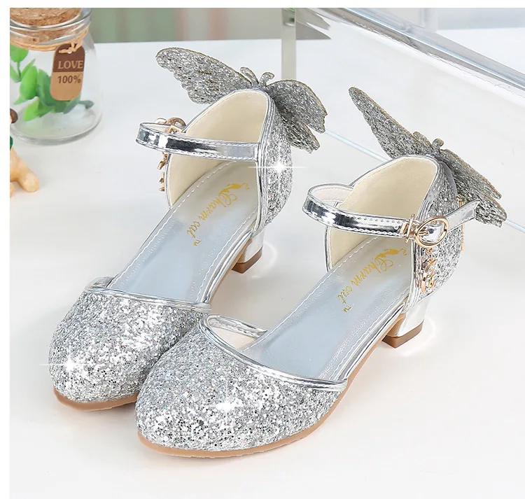 Princess Kids Leather Shoes Girls Glitter Crystal Tassel Butterfly Knot Dress Party Children High Heel Student Performance Shoes