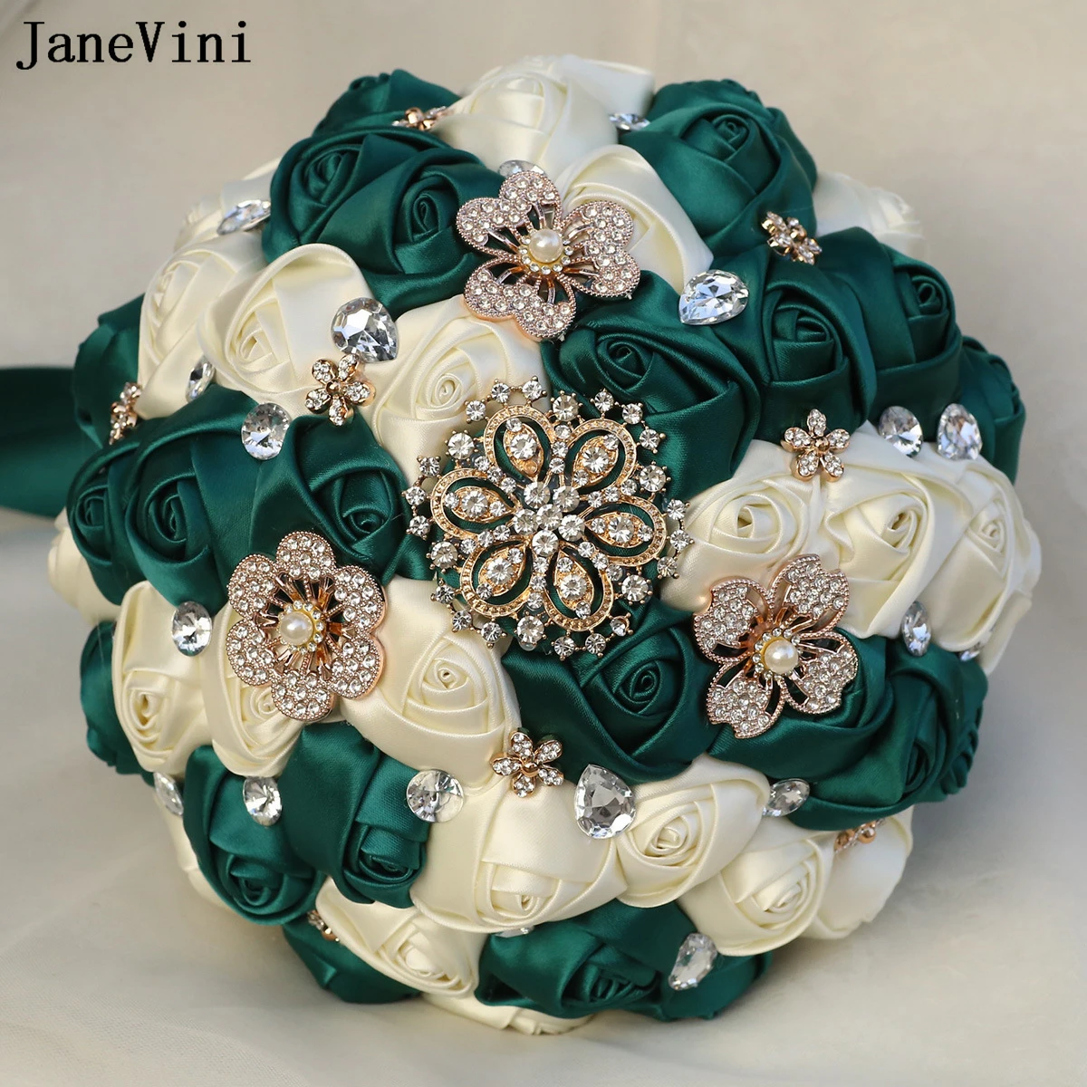 JaneVini-Bouquets de Patients Vert Foncé, Strass Or Bling, Poubelle en Satin Artificiel, Demoiselle d'Honneur, Tenant des Fleurs, Accessoires de Mariage