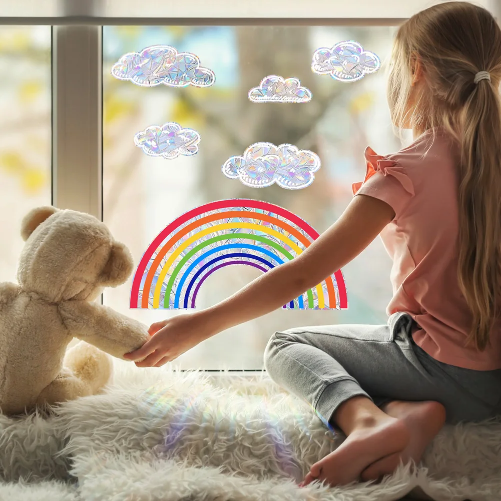 Colorful Rainbow Clouds Window Sticker Rainbow Glass Windows Decor Wall Decals Home Decoration Self Adhesive Electrostatic Mural