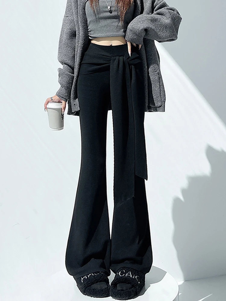 Calças Casuais de Malha com Cintura Alta para Mulheres, Novas Calças de Comprimento Total para Outono e Inverno, Pernas Retas Assimétricas