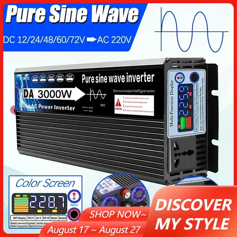 3000W Pure Sine Wave Inverter DC TO AC Power Inverter 12/24/48/60/72V TO AC 220V Voltage Converter for Car Home Charger Adapter