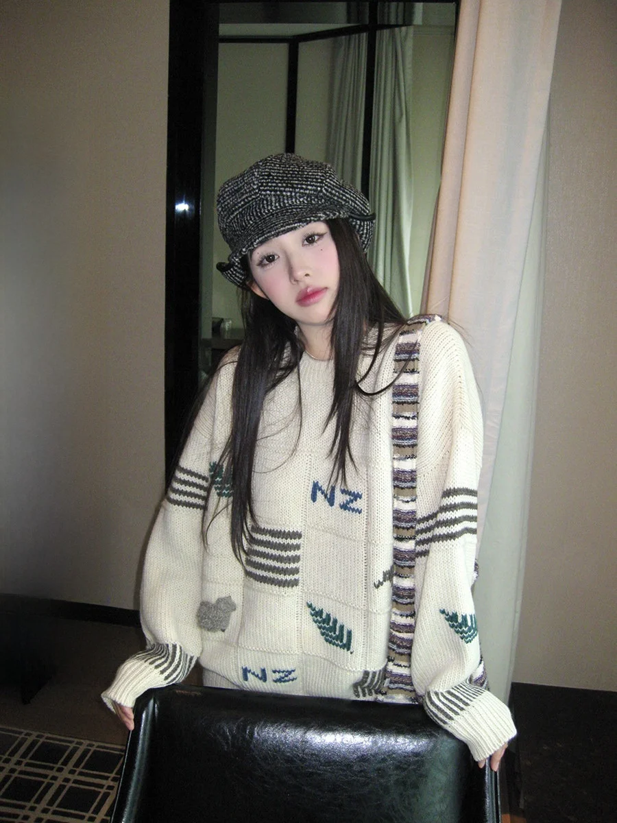 

Sinbounboun Chic Knitted Sweater round Ne Long Sve Warm Autumn Winter Faion Striped Coarse Yarn Color Blo Knitwear