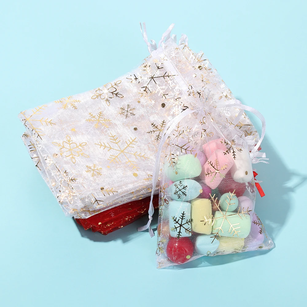 50pcs/lot 4 Sizes Wedding Gifts Strap Snowflake Design Jewelry Packaging Bags Gift Pouches Organza Bags Drawstring Candy Pouch