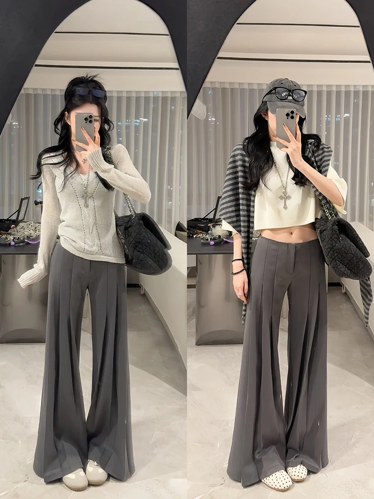 กางเกงขายาวทรงตรงเอวต่ำ ดีไซน์จีบพลีท แฟชั่นสำหรับผู้หญิง สไตล์ลำลอง เหมาะสำหรับใส่ทำงาน ฤดูใบไม้ผลิ