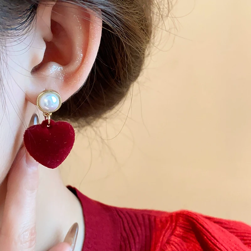 Red Velvet Imitation Pearl Bow Flower Drop Earring Retro Gentle Temperament Alloy Earrings For Women Party Jewelry Accssory Gift